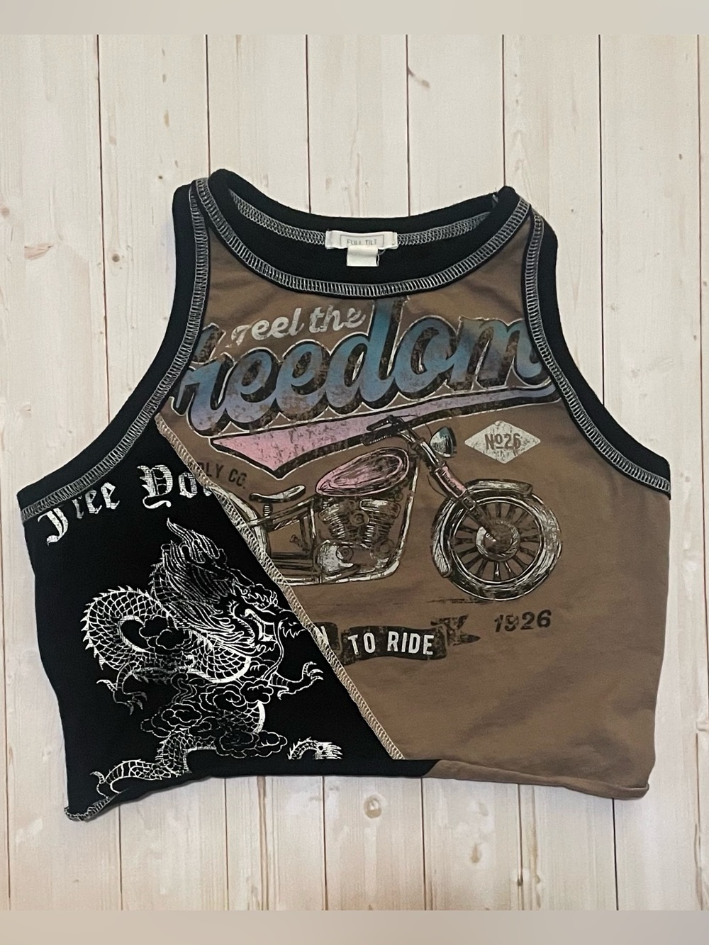 Full Tilt Black & Brown Split Graphic Crop Tank